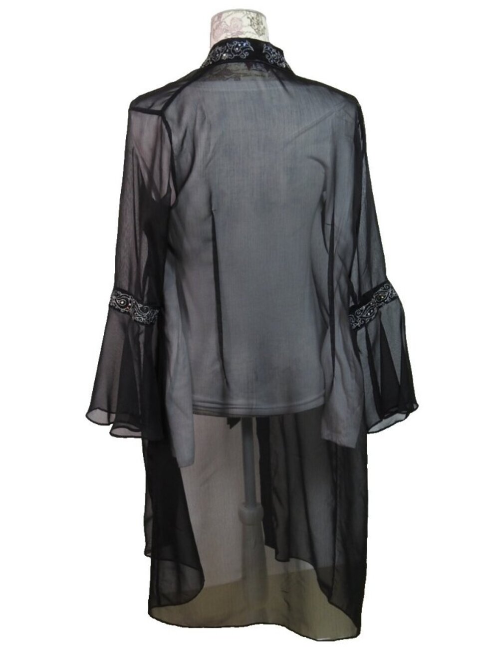 Vintage Robe Black Yasmin Sheer Kimono Duster Sz XL Trim Tie Front Boho Sexy - Picture 10 of 12